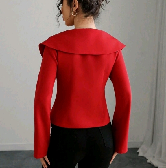 Women's Solid Color Elegant Casual Commuter Wide Lapel Open Shoulder Bell Sleeve - Picture 2 of 4